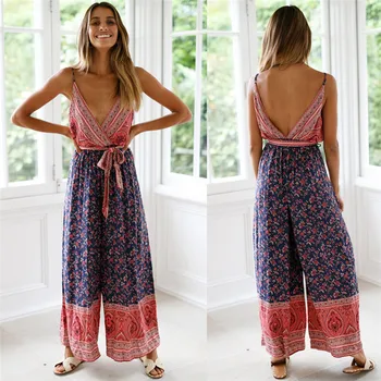 

Sexy V Neck Backless Bandage Sling Women Jumpsuit Vintage Printed Wide Leg Overalls Beach Bohemian Jumpsuits Combinaison femme