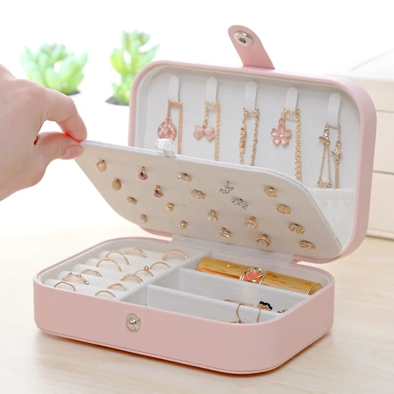 

Korean Style Fresh And Simple Girl Earrings Plate Jewelry Box Protable Leather Earrings Ring Multi-function Jewelry Storage Box