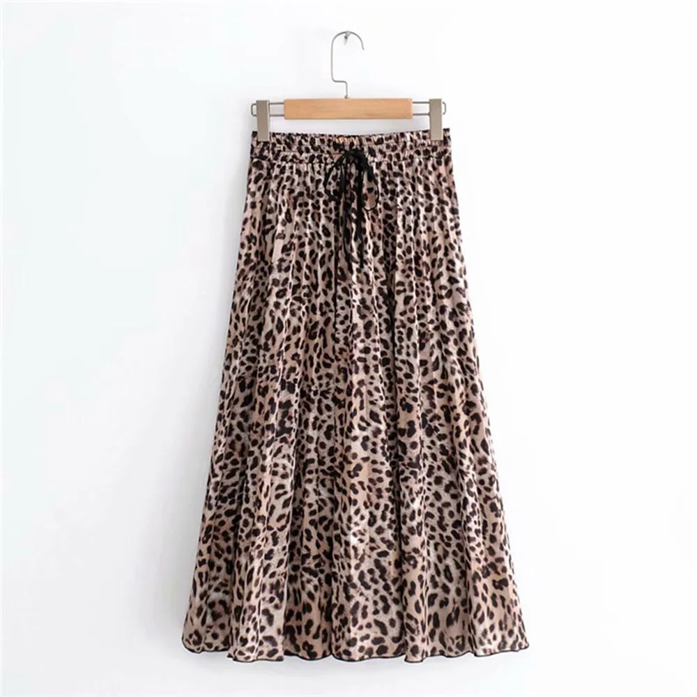 2020 New Women Vintage Leopard Print Pleated Midi Skirt Faldas Mujer for Ladies Elastic Waist Sashes Chic Mid-calf Female Skirts