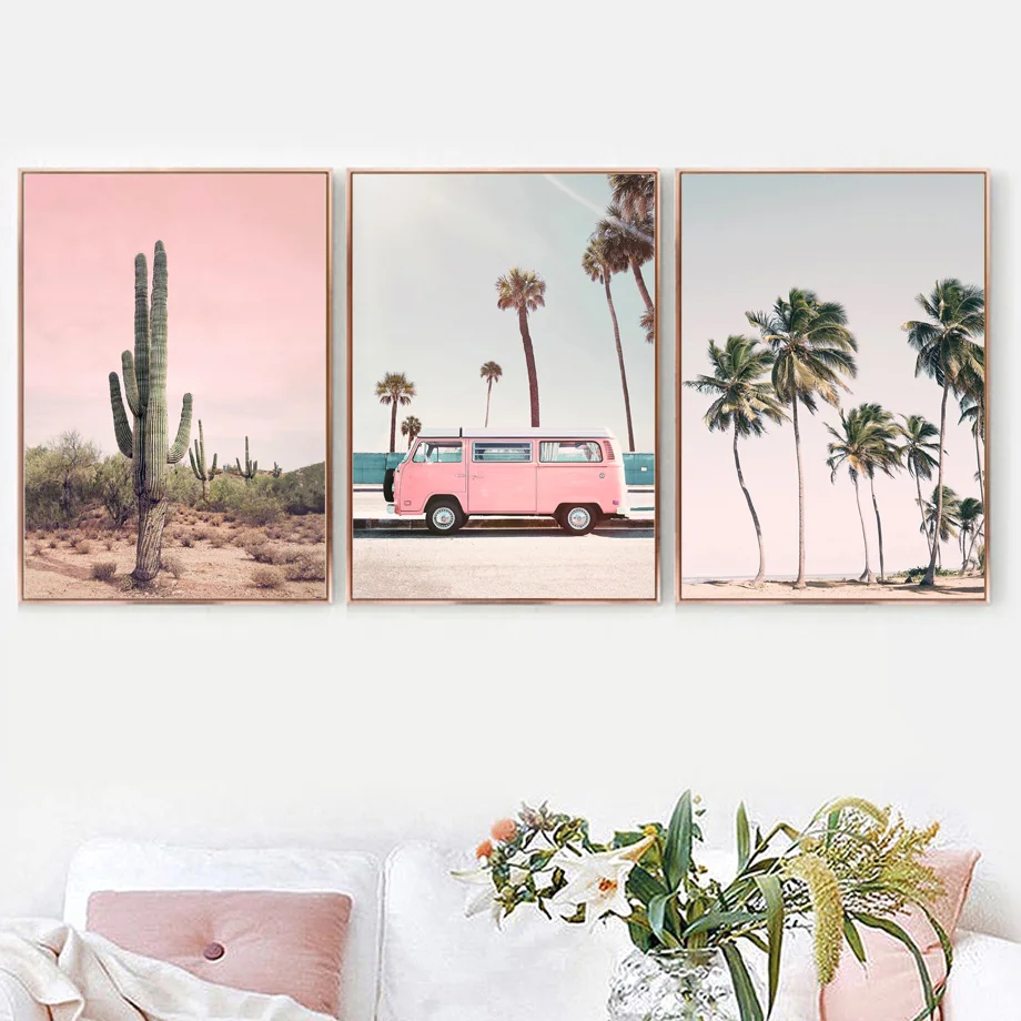 Pink Bus Cactus Pineapple Blue Sea Beach Wall Art Canvas Painting Nordic Posters And Prints Pictures For Living Room Decor | Дом и сад