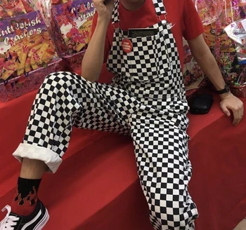 

Puimentiua 2020 Retro Streetwear Hiphop Jumpsuit Plaid Print Overalls Women Harajuku Loose Bib Cargo Pants