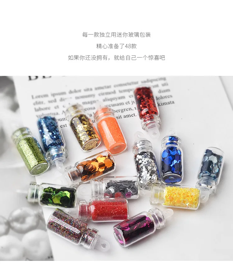 Cross Border for 48 Color Glass Bottle Nail Ornament Shimmering Powder Sequin liu jiao pian Caviar Nail Decorations Set