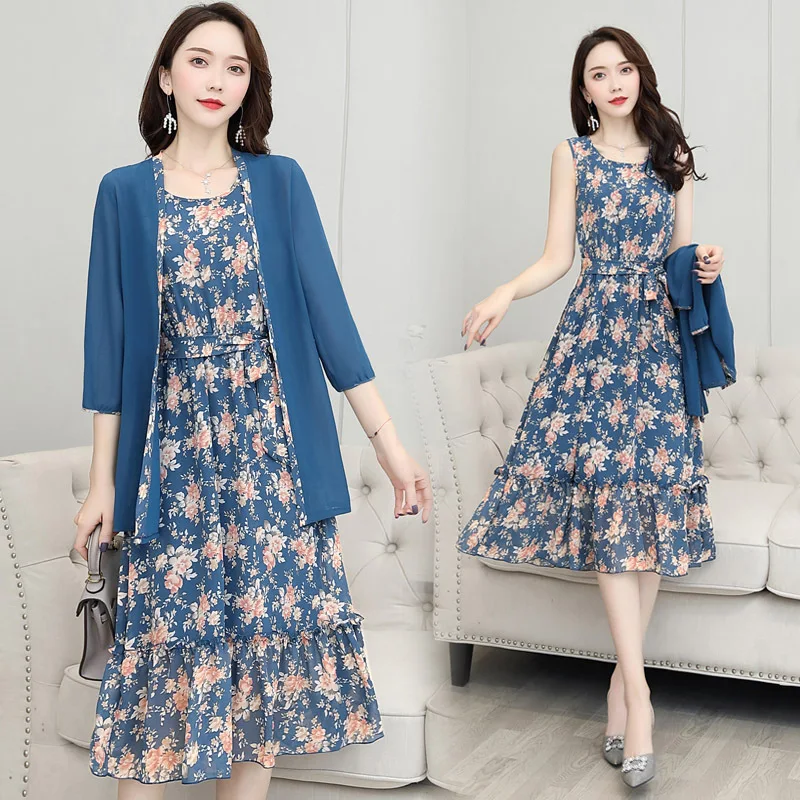 

2020 New Arrival Spring Summer Womens Chiffon Dress Suits Coat Two 2 Piece Set Floral Print A-line Dresses Female Casual Holiday