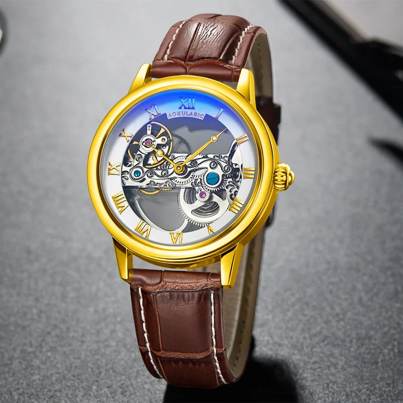 

AOKULASIC Mens New Fashion Leather Strap Blue Magic Light Hollow Mechanical Automatic Watch Men Sport Watch relogio masculino