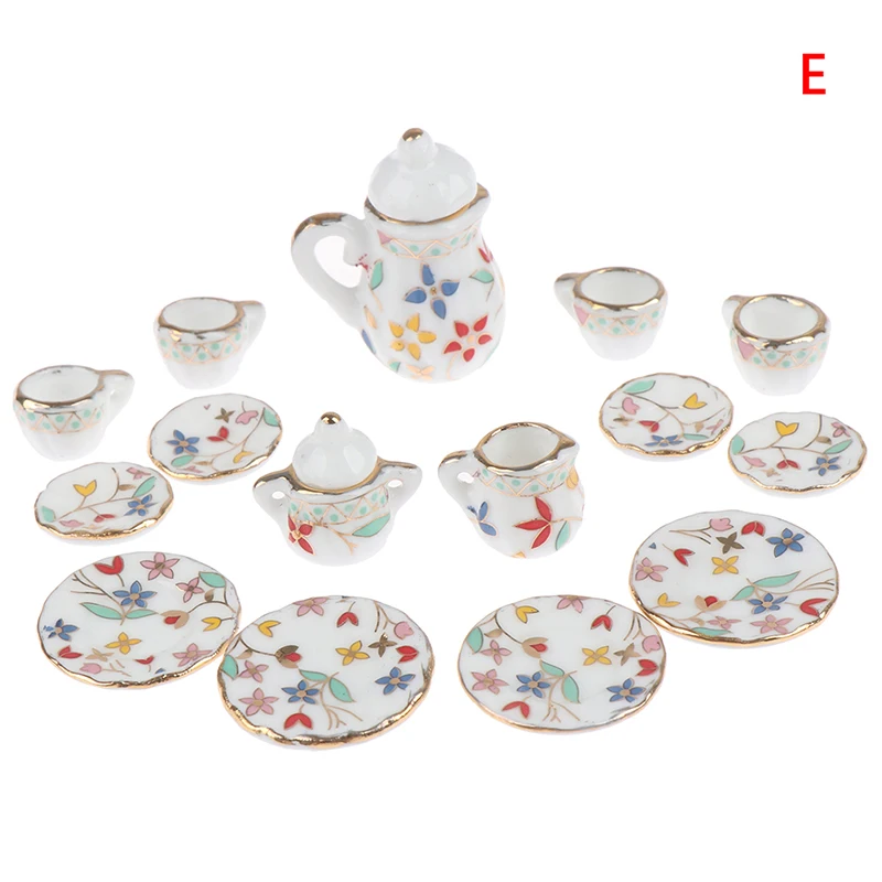 1:12, миниатюрный набор чайных чашек 17 шт., чайный набор, чайный набор, Цветочная посуда, кухонный кукольный домик - Цвет: E