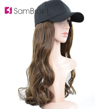 

SAMBRAID Women Hats Wavy Hair Extensions With Black Cap 18 Inch Synthetic extension hair for Girls Party Integrate Cap With Hair