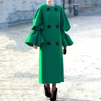 

Vintage Green Autumn Winter Long Coat Women 2019 Elegant Double Breasted Plus Size Trench Coat Casual Woolen Overcoat Female