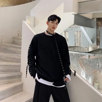 

Men Punk Gothic Streetwear Hip Hop Autumn Winter Rivet Ribbon Loose Casual Thick Fleece Hoodie Male Women Pullover Sweatshirt