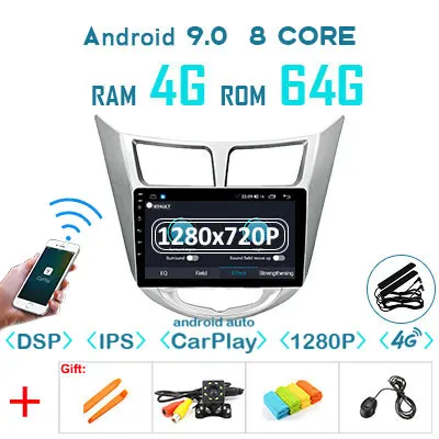 Android 9,0 1280P 4G 64G Carplay gps для hyundai Solaris 1 2 Verna Accent Grand Avega Attitude 2010- мультимедийное радио без DVD - Цвет: 4G64GDSP 1280CARPLAY