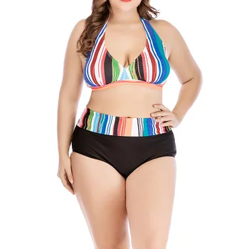 

Women Sexy Plus Size Bikini Set New Rainbow Stripe Push-Up Padded Bra Triangle Beachwear Summer Fashion High Waist Swimwear #R