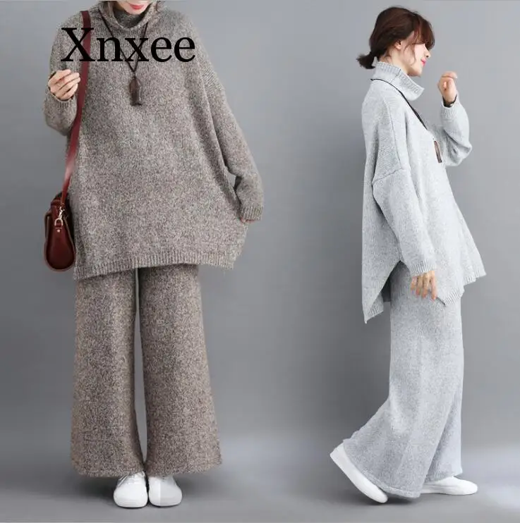 Loose plus size oversize Women track  Autumn wool  Knitted Suits Mid Lined Turtleneck Sweater and Knit Pant Female 2 Piece Set