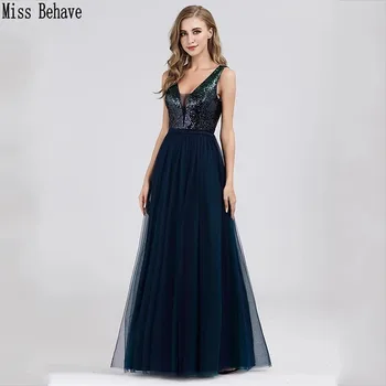 

DD JYOY Tulle A Line Prom Dress Long Simple Style 2020 New V Neck Long Evening Dress Open Back Sequined Body Sleeveless
