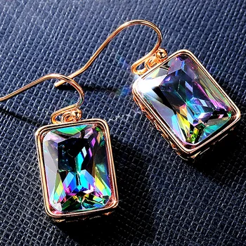 Huitan Retro High Quality Gold Color Dangle Earrings for Women Polychrome Cubic Zirconia Pendant Graceful Female Vintage Jewelry