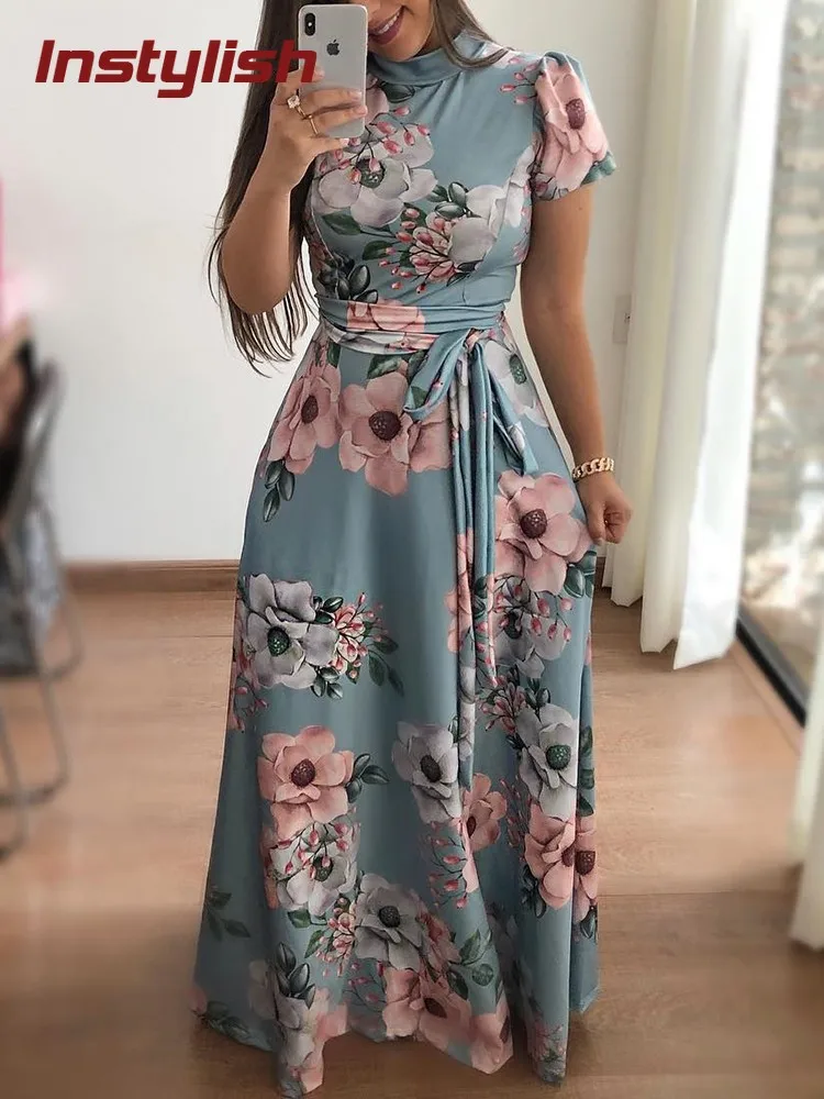 

Instylish Women Autumn Elegant Long Sleeve Floral Print Long Dress Boho Style Turtleneck Bandage Maxi Dress Plus Size 5XL 2019