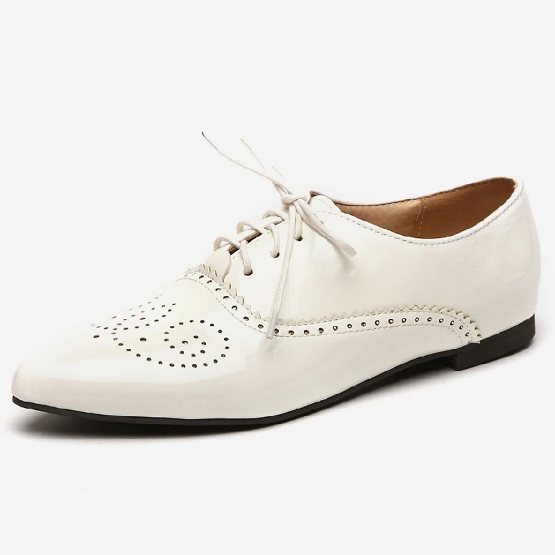 Large Size 45 46 Women's Oxfords Shoes British Patent Leather Flats Comfortable Casual Lace-up Black White Loafer Shoes Footwear
