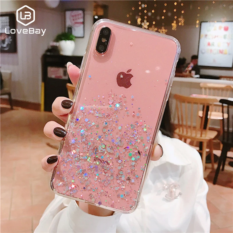 

Lovebay Glitter Bling Sequins Case For iphone 8 7 Plus 6 6s Transparent Soft TPU Cases For iphone X XR XS Max Back Cover Coque