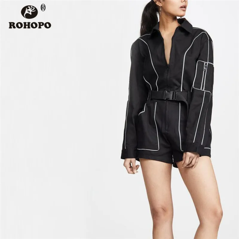 

ROHOPO Long Sleeve Striped Reflective Black Streetwear Jumpsuit Buckle waist Top Zipper Fly Side Pockets Cargo Loose Romper #726