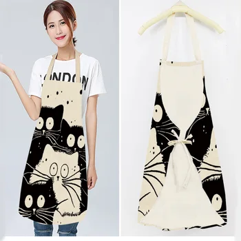 

Cute Cartoon Cat Printed Kitchen Apron Waterproof Apron Cotton Linen Easy To Clean Home Tools Dirty Kitchen Aprons