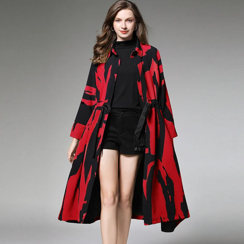 red Модный Тренч для женщин с длинным рукавом и узорчатым принтом, новинка, осень, AI991 - Цвет: red