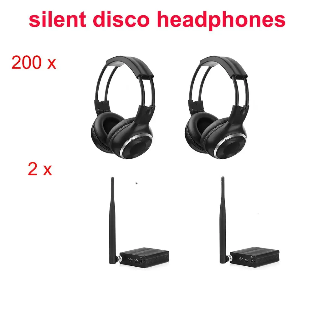  200pcs silent disco foldable wireless headphone package with 2pcs transmitters 500m distance for pa