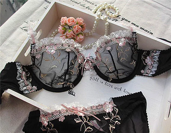 white underwear set Logirlve Exquisite embroidery lotus pink ultra-thin women's sexy transparent lace underwear bra set matching bra and panties