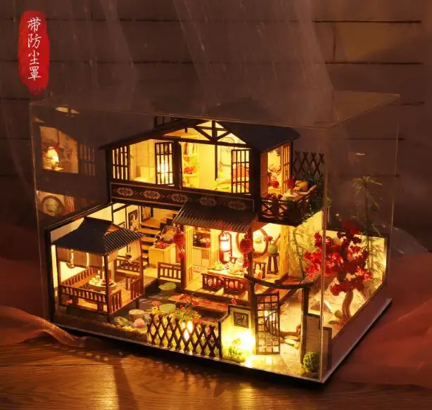 Большой кукольный домик с мебель собирать деревянные миниатюрные кукольные аксессуары Diy кукольный домик, головоломка, развивающие игрушки для детей - Цвет: With Dust cover