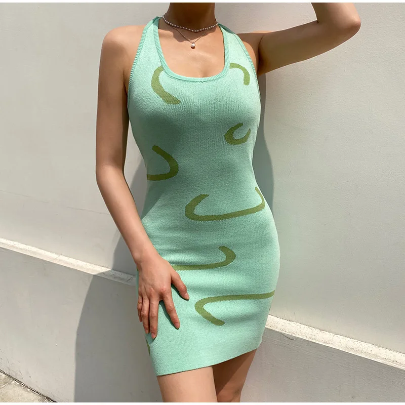 Vestido corto femenino de punto sin mangas para verano, minivestido Sexy playero con cuello Halter y espalda descubierta, color blanco, 2021