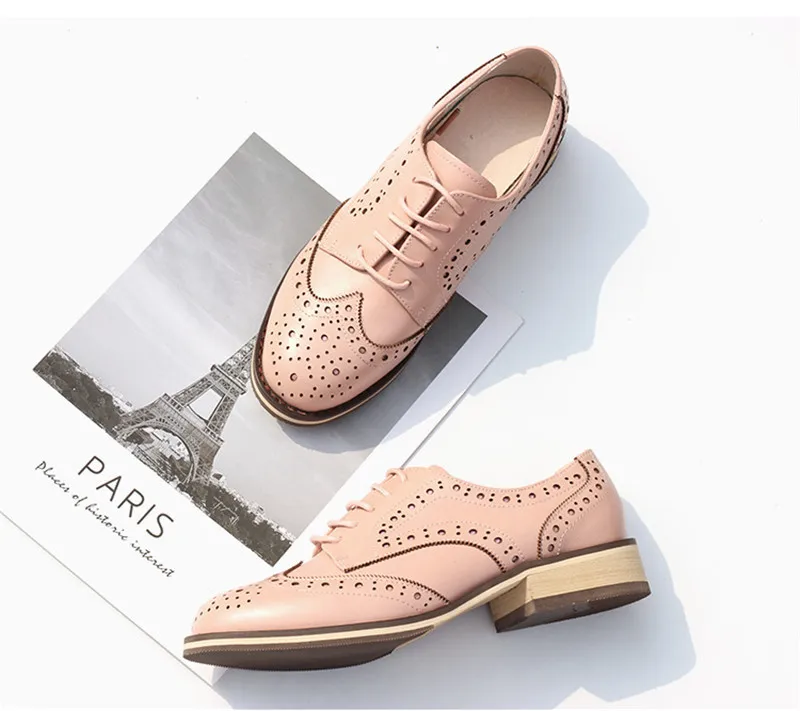 British Genuine Leather Female Oxford Shoes College Spring New Thick Heel 3cm Women Brogues Retro Carved Single Shoes Large Size (12)