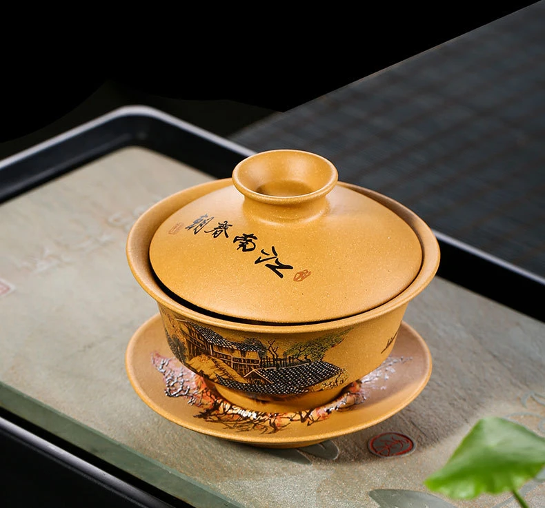 Yixing Gaiwan, 135 мл, чайная чаша, блюдце, набор крышек, фиолетовая глина, чашка, чайник, контейнер, ручная роспись, чайная тарелка, чайная посуда, Декор, ремесла