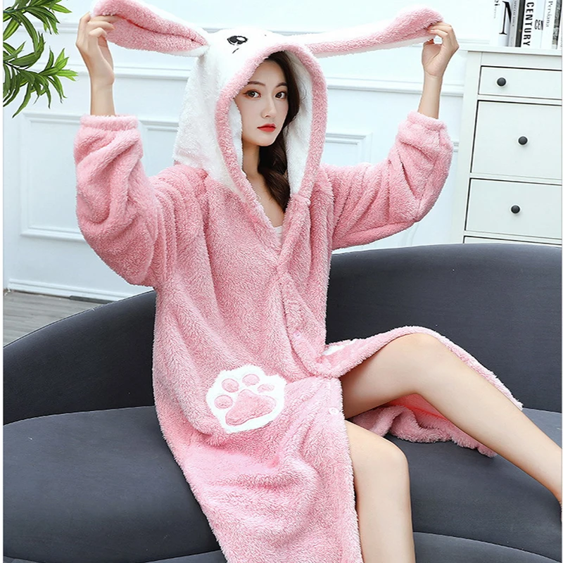 Winter Long-eared Rabbit Flannel Nightgown Cute Cartoon Bunny Animal Pajamas For Women Long Kimono Robe Hooded Fleece Nightdress