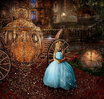 

Cinderella Golden Carriage Clock Glitter Blue Fog Vignette Backdrop Computer Print Children Kids Background