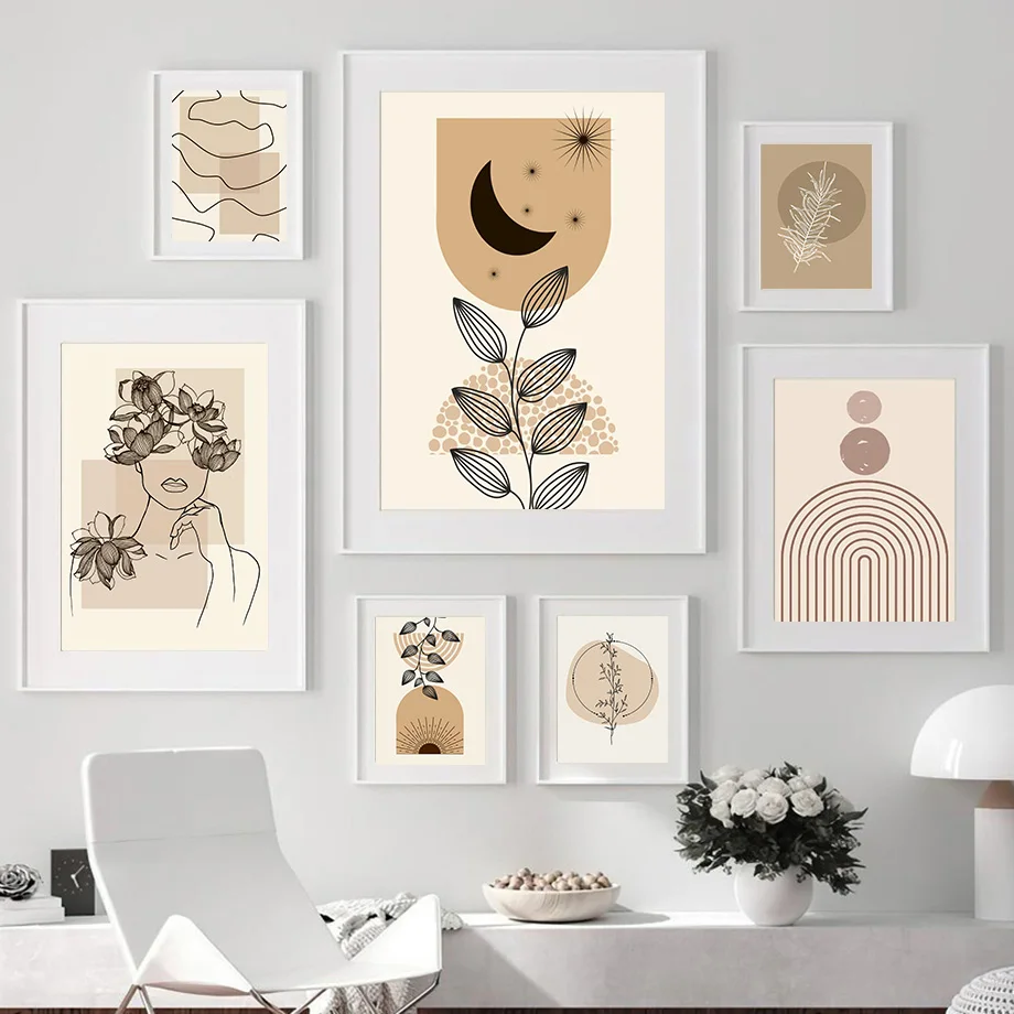 Abstract Geometry Line Leaf Girl Sun Moon Wall Art Canvas Painting Nordic Posters And Prints Pictures For Living Room Decor | Дом и сад