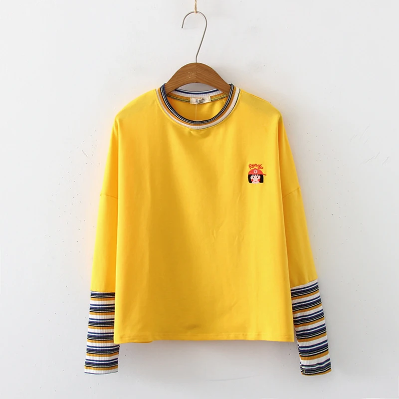 

Autumn New Women's Cartoon Embroidery Pullover Fashion Stitching Striped Long-sleeved Loose Sweater Suitable For Teenage Girls