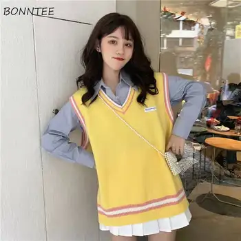 

Sweater Vest Women Sleeveless Long Casual Leisure Striped Embroidery Letter Knitting Top Clothing Students Womens All-match Chic