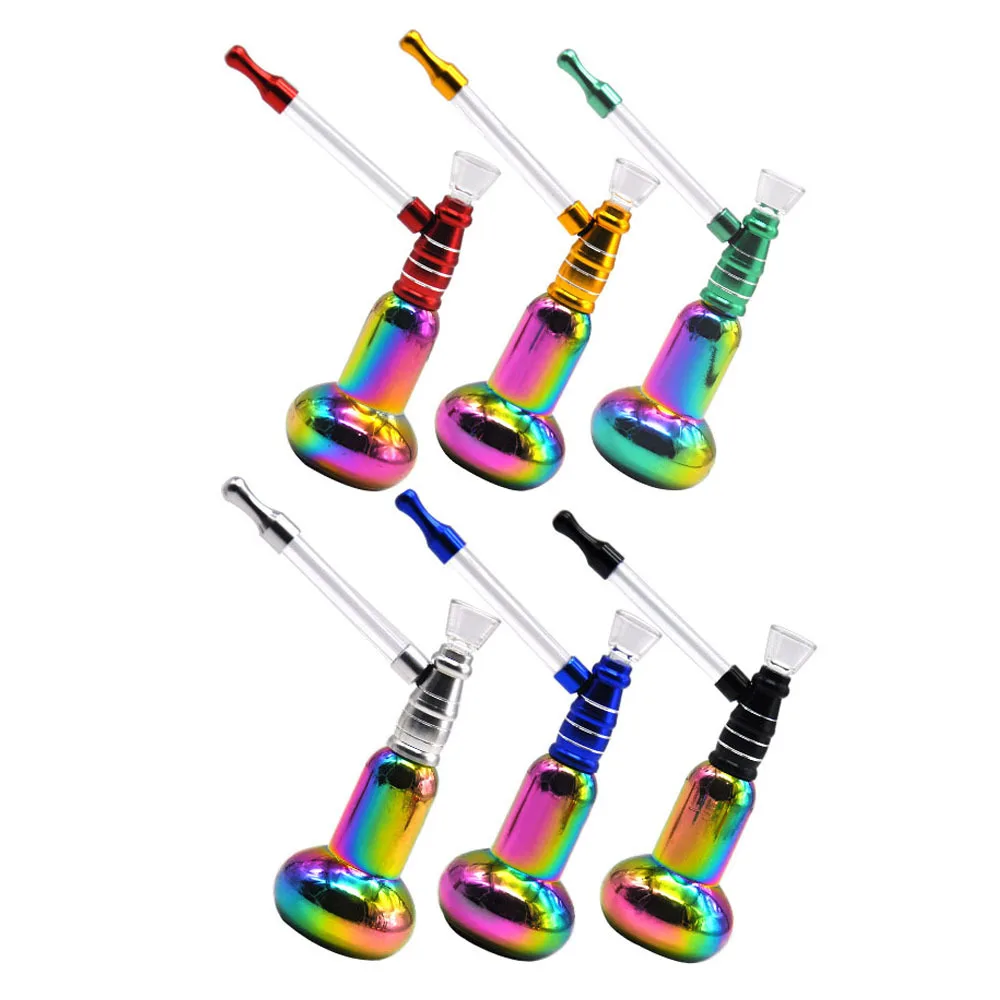 

New Colorful Metal Mini Hookah Smoking Glass Water Pipe 140MM Portable Metal Pipe Long Glass Handle Metal Mouth Filter
