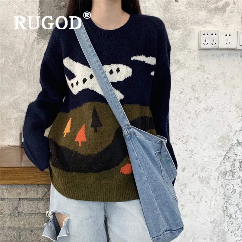 RUGOD вязаный свитер с рисунком, женский осенний зимний Свободный пуловер с круглым вырезом и длинными рукавами, свитер, пальто в консервативном стиле
