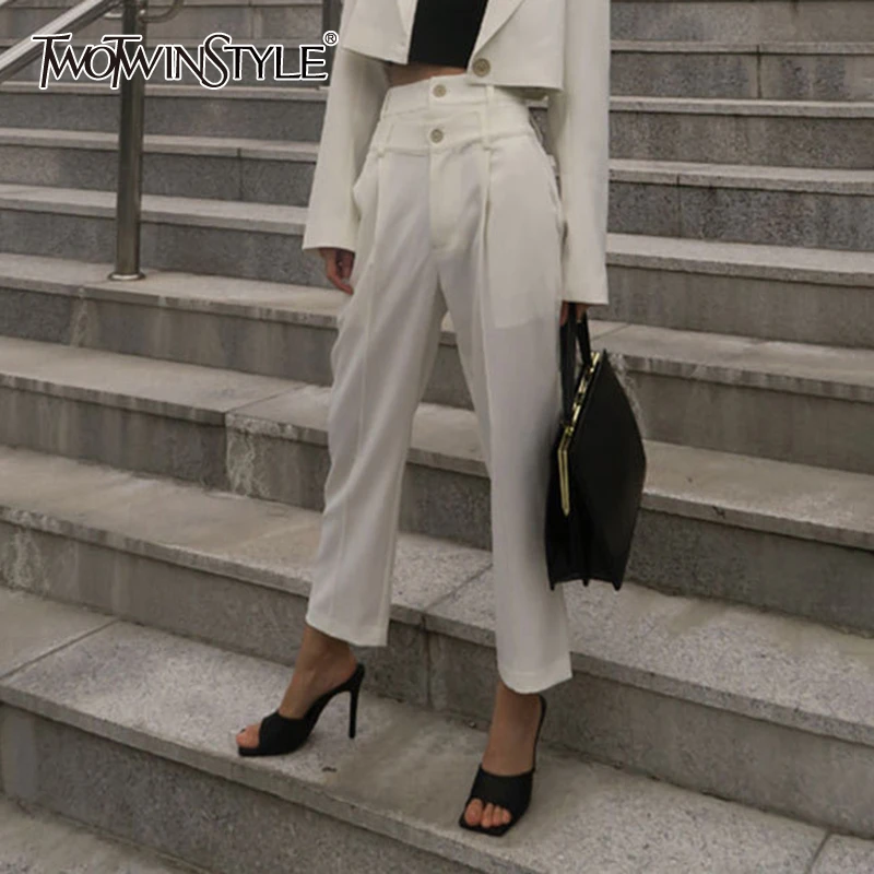 Женские брюки в Корейском стиле TWOTWIN белые прямые с высокой талией на пуговицах