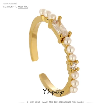 

Yhpup Korean Sweet Simulated Pearls Thin Ring Delicate Shiny Cubic Zirconia Metal Finger Engagement Ring Bagues Pour Femme New