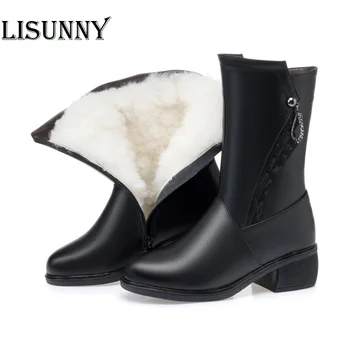 

Snow Women long Boots New Genuine Leather Women Shoes Winter Warm Wool Half Boots Women Large Size Winter Footwear
