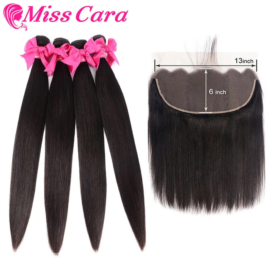 Peruvian Straight Hair Bundles With Frontal Miss Cara 100% Remy Human Hair 3/4 Bundles With Closure 13*6 Frontal With Bundles