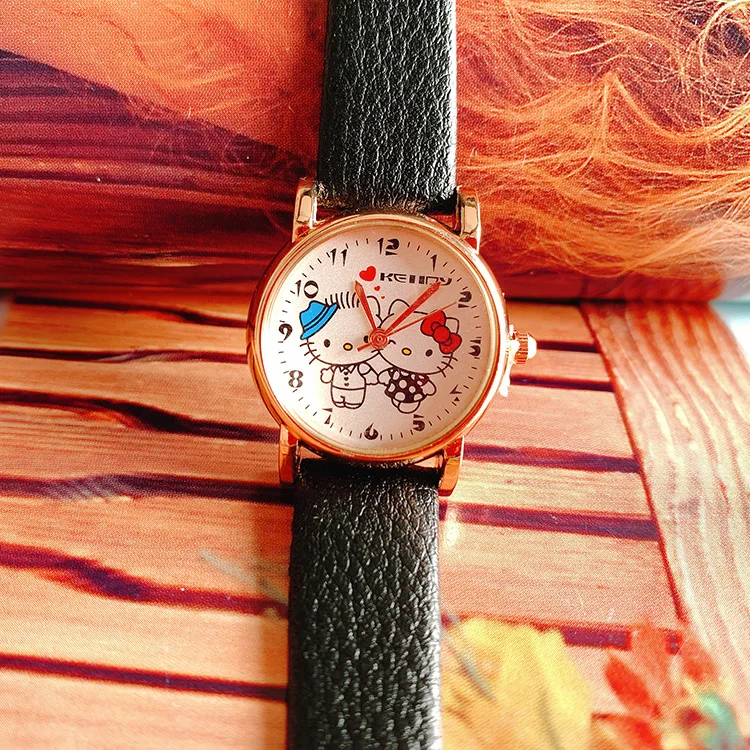 Горячая распродажа! студенческие часы с ремешком для девочек, модные кварцевые женские часы с двумя маленькими кошечками