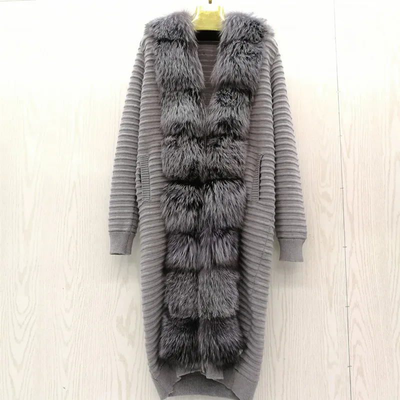 Натуральное пальто из лисьего меха, свитер, кардиган, женская вязаная одежда из натуральной шерсти с воротником лисы, длинная теплая верхняя одежда для зимы и осени