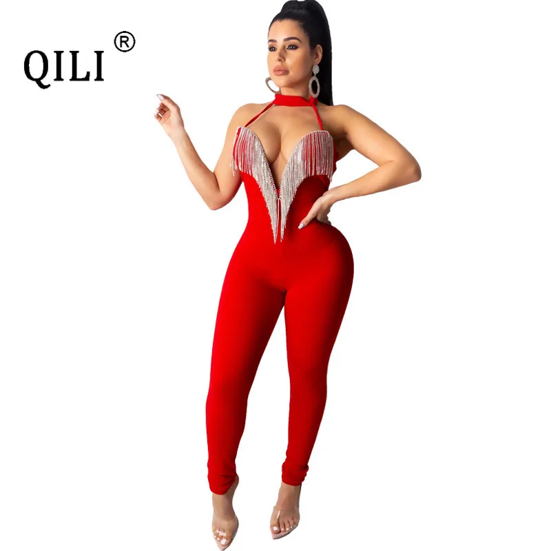 QILI Women Fringe Diamonds Jumpsuits Sexy Halter Open Bust Club Jumpsuit Womens Black Red Blue Bodycon | Женская одежда