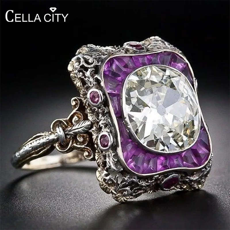 Cellacity Punk style Silver 925 Amethyst Ring For Women Large Round Gemstones Hyperbole Geometry Rings Party Female Gift
