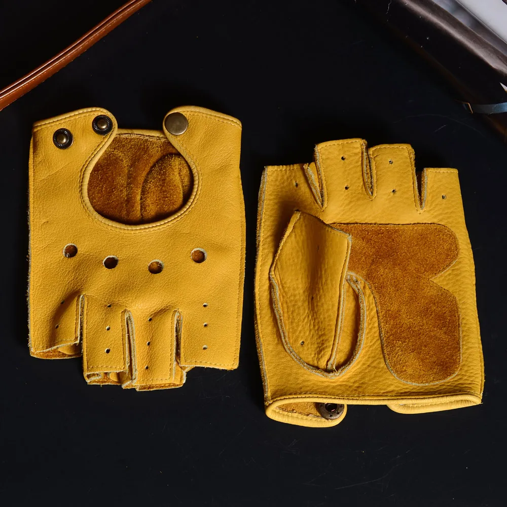 

Men's Real Leather Cowhide shrink Wrist Unlined Sports Police Tactical Short Fingerless Gloves Semi-finger Gloves