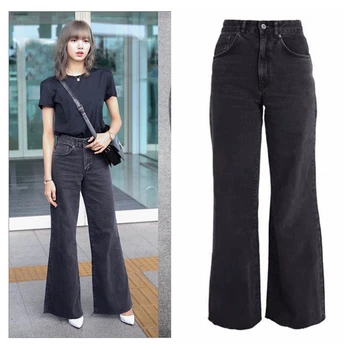 

Kpop Blackpink LISA Black Denim Jeans Wide Leg Pants Women Casual Retro Pant Streetwear Loose Straight High Waist Jeans Trousers