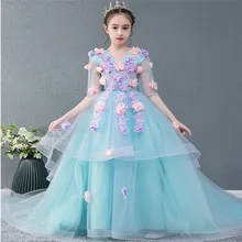 Детское роскошное платье принцессы с v-образным вырезом и аппликацией в виде цветов для вечеринки, дня рождения, с длинным шлейфом; детское модельное платье для подиума