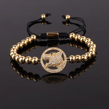 Classic Design Stainless Steel Beads CZ Pave Leopard Charm Handmade Macrame Friendship Bracelet Men Women