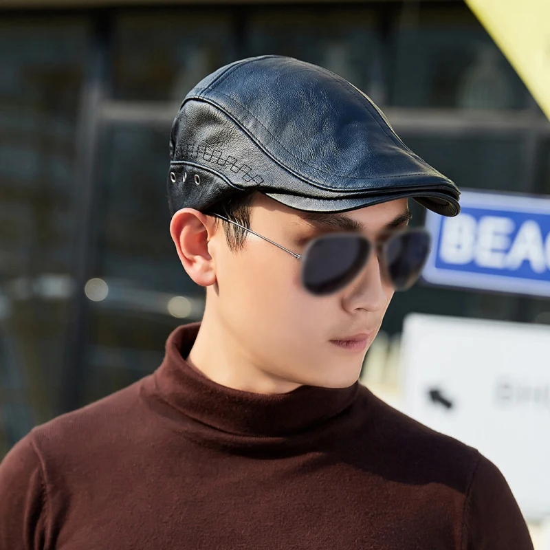 

Autumn Winter PU Leather Golf Beret Cap Adjustable Hats Men Cowboy Hat Driving Summer Flat Cabbie Newsboy Caps Visor ZL07