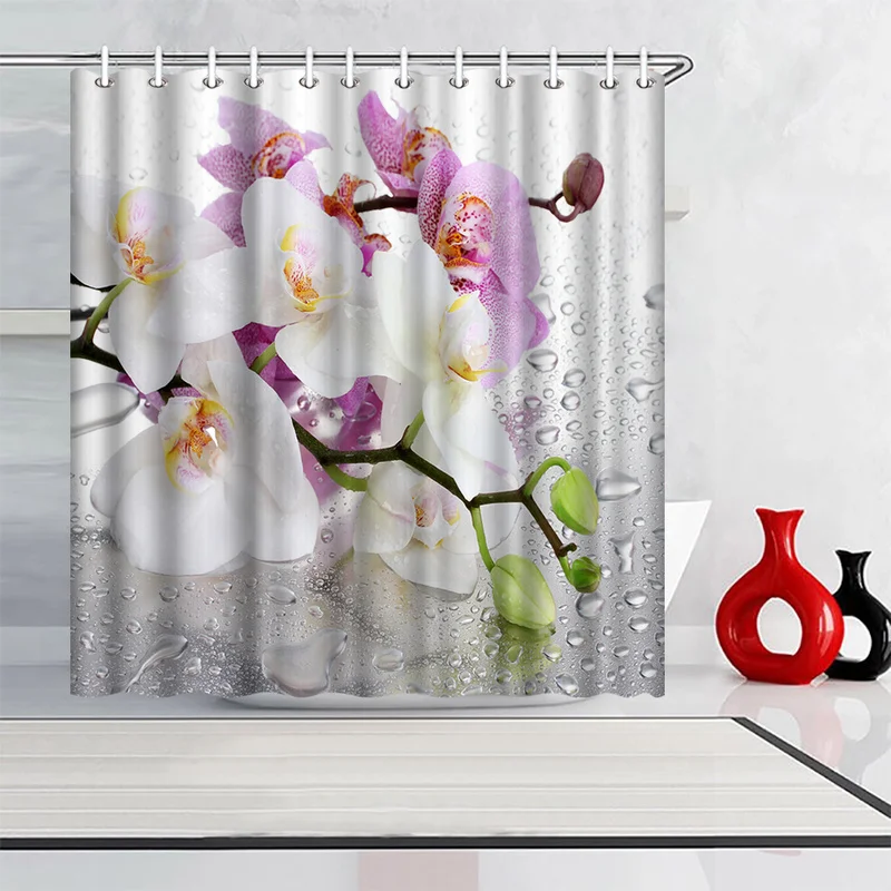 White Orchids Flower Bathroom Shower Curtain Zen Spa Floral Theme Bath Curtain Waterproof Fabric